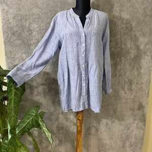 J. Jill 100% Linen tunic Top Size Medium Petite MP Blue pin tuck button pop over